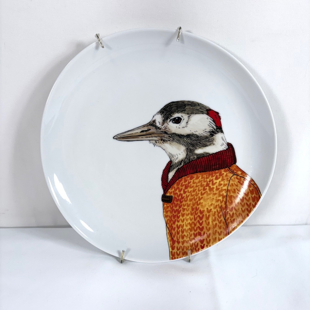 West Elm Rachel Kozlowski Dapper Animal Woodpecker Plate White Yellow 8.5in